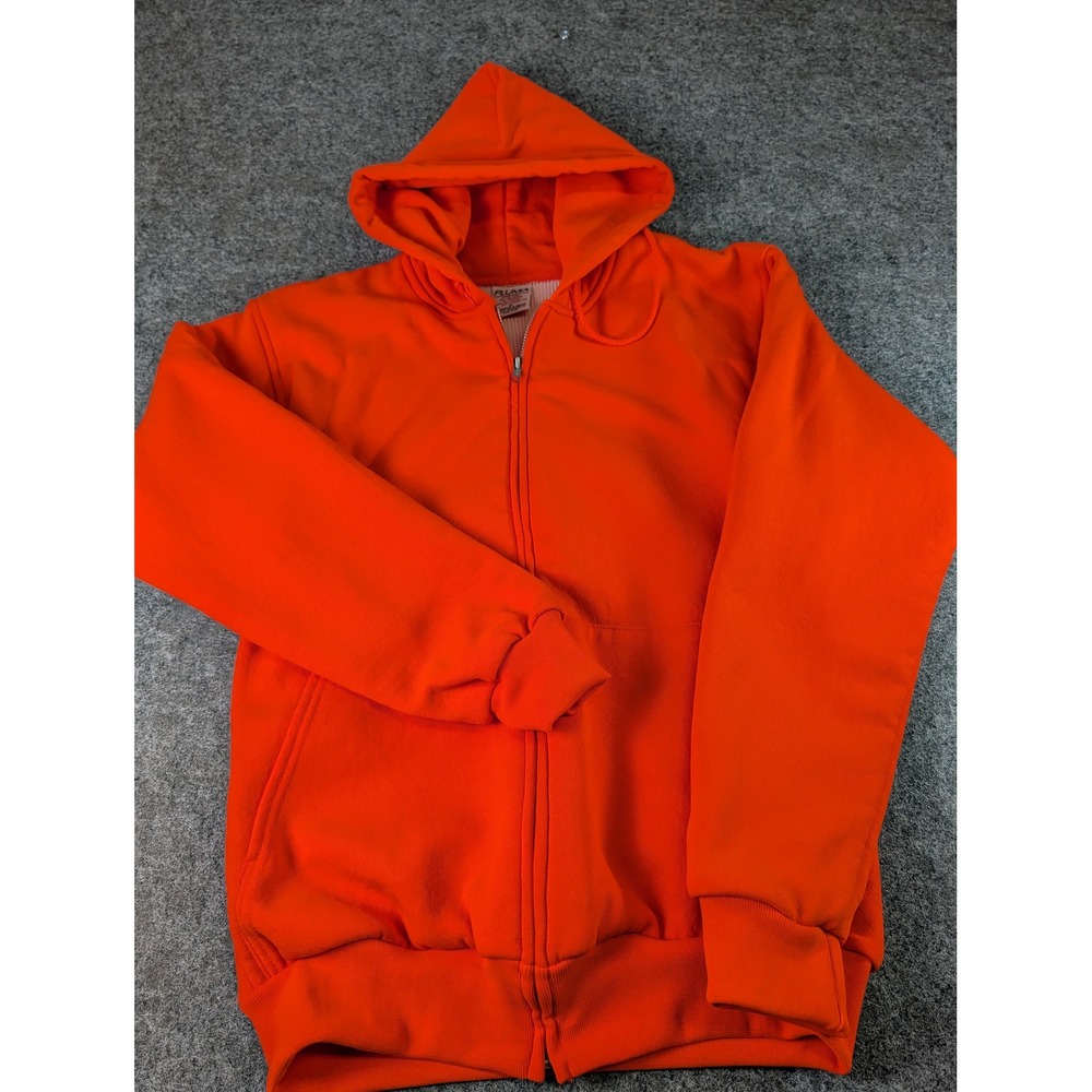 Pluma Vintage Full Zip Hoodie Safety Orange Thermal Lined Sweatshirt Mens Medium